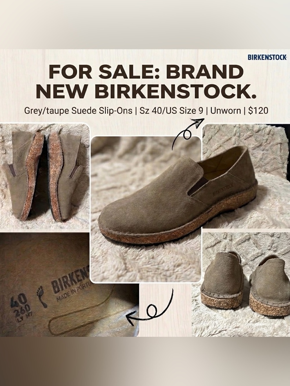 NEW Birkenstock Taupe Grey Suede Slip On Loafers Clogs Cork Flats 40 US 9W/7M